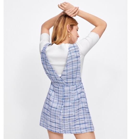 Zara Blue Overall Tweed Plaid Pinafore Mini Dress Size M - Picture 6 of 16